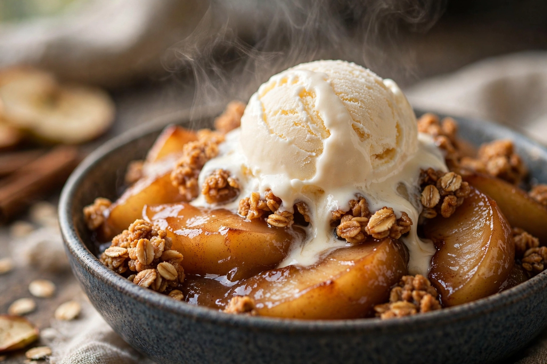 Bowl of warm apple crisp with melting vanilla ice cream and caramelized oat clusters