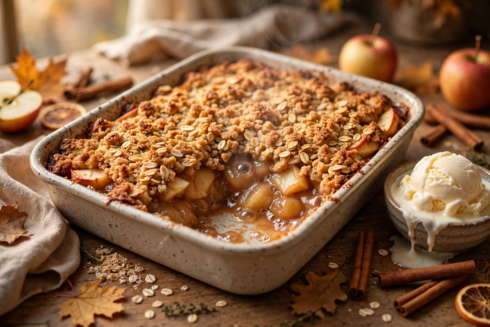 Baking dish of easy apple crisp with golden buttery oat topping and vanilla ice cream on the side