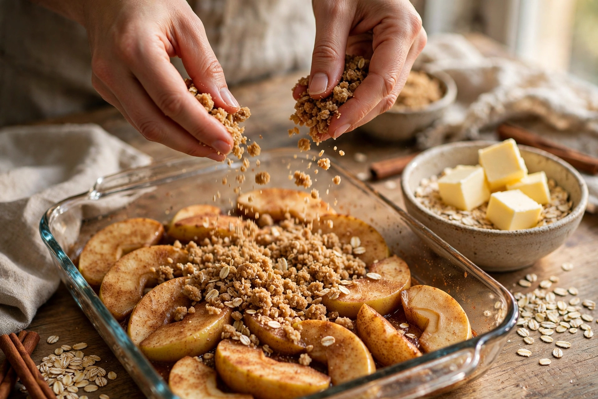 Hands sprinkling buttery oat crumble topping over sliced cinnamon apples in a baking dish