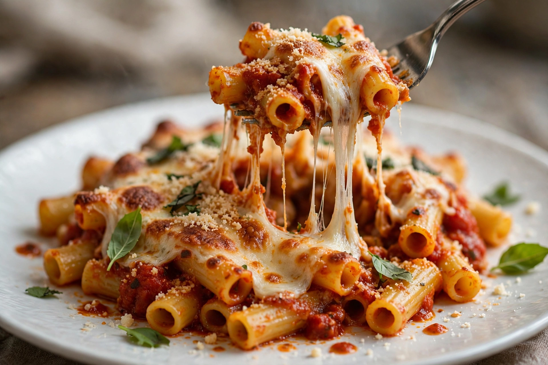 Plate of easy baked ziti with cheese pull