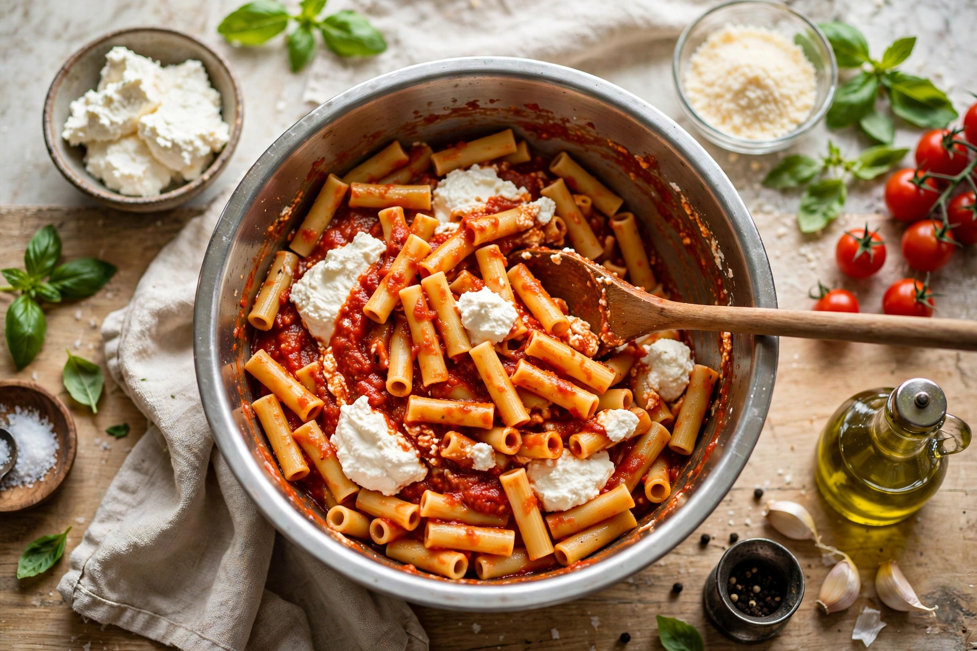 Mixing cooked ziti with marinara sauce and ricotta cheese