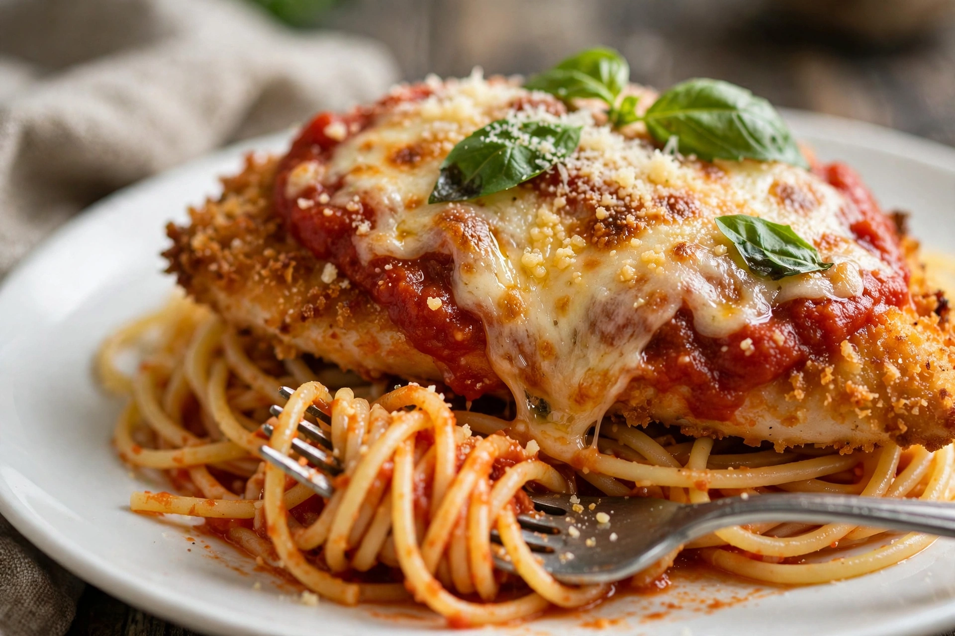 Plated easy chicken parmesan with spaghetti and melted mozzarella