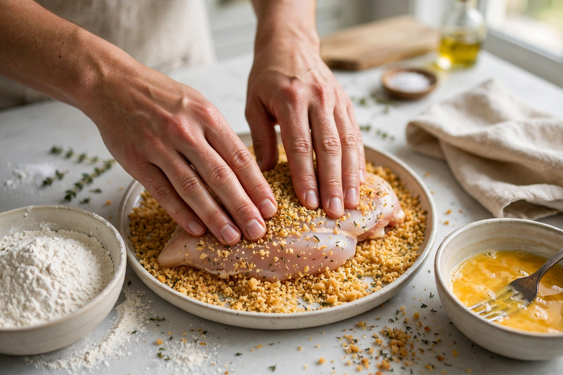 Breading chicken breasts in seasoned breadcrumbs for easy chicken parmesan