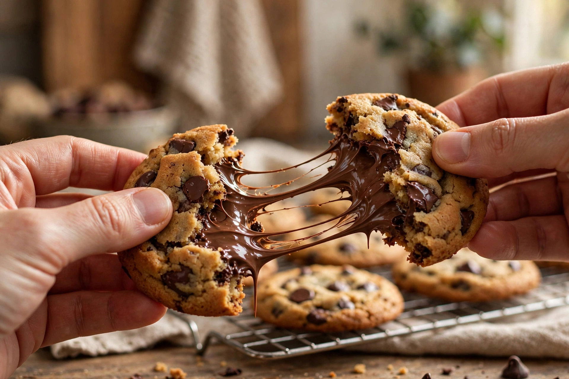 Chocolate chip cookie pulled apart showing melted chocolate