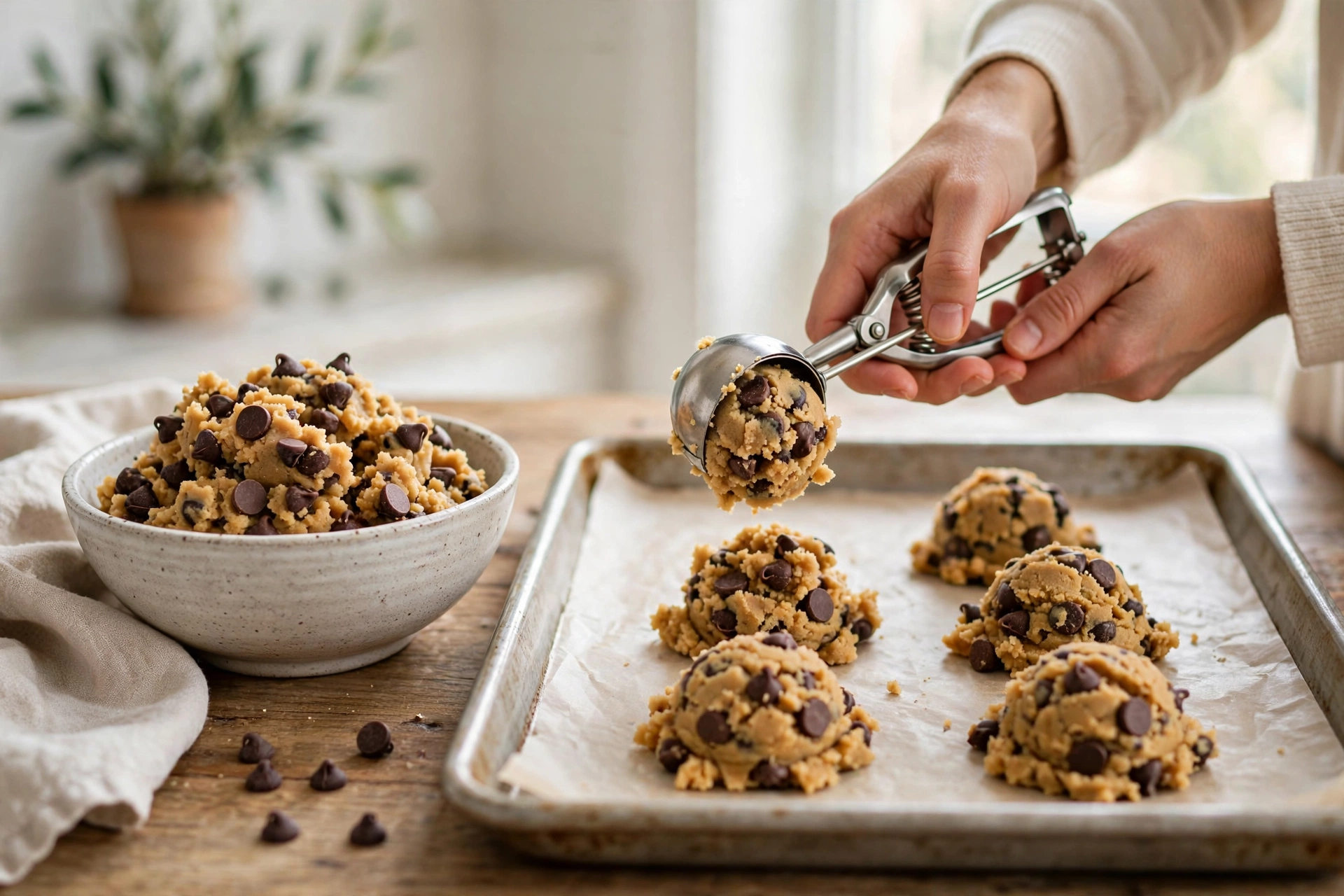 Scooping chocolate chip cookie dough onto a baking sheet