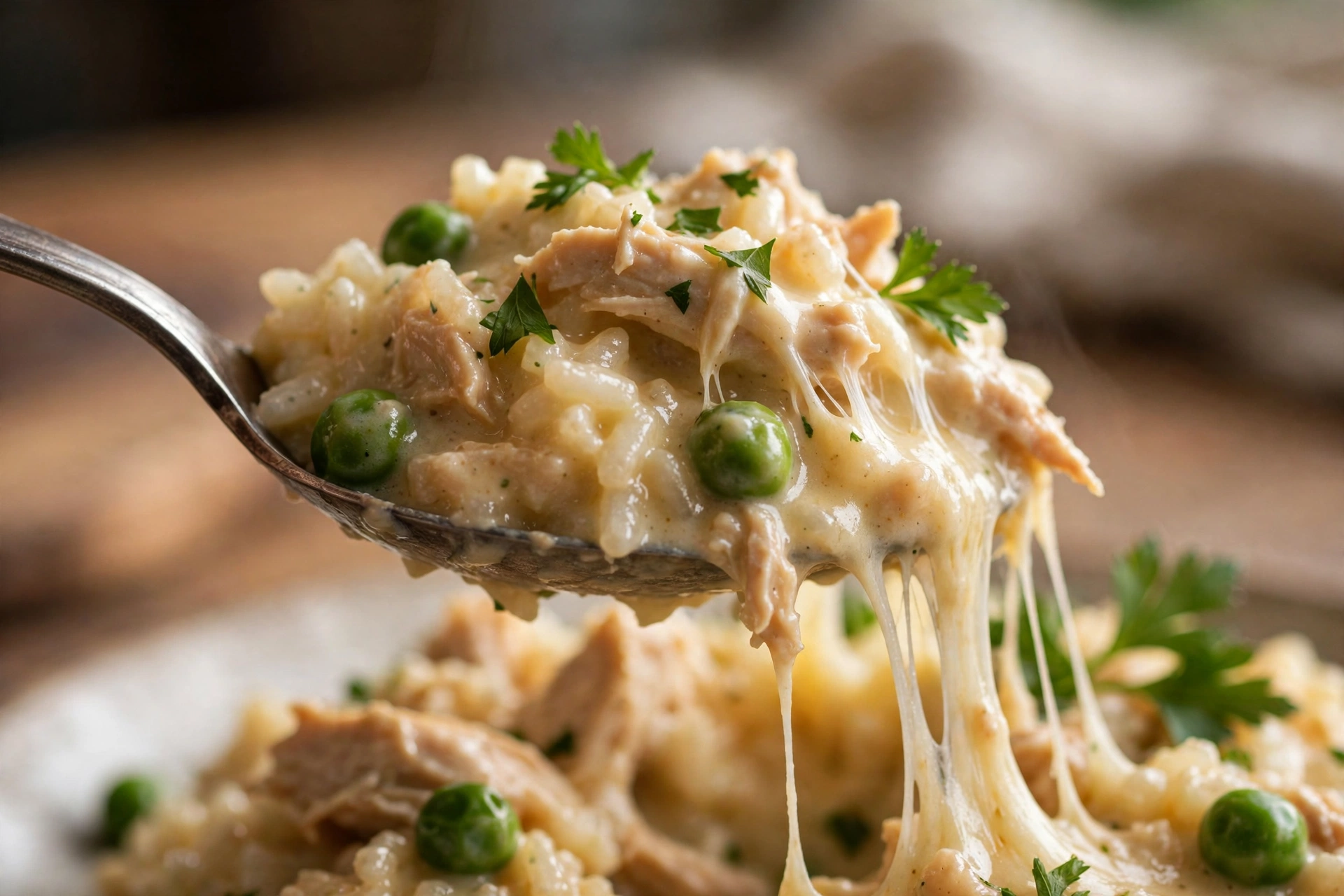 Spoonful of creamy crockpot chicken and rice with cheese pull, peas and parsley