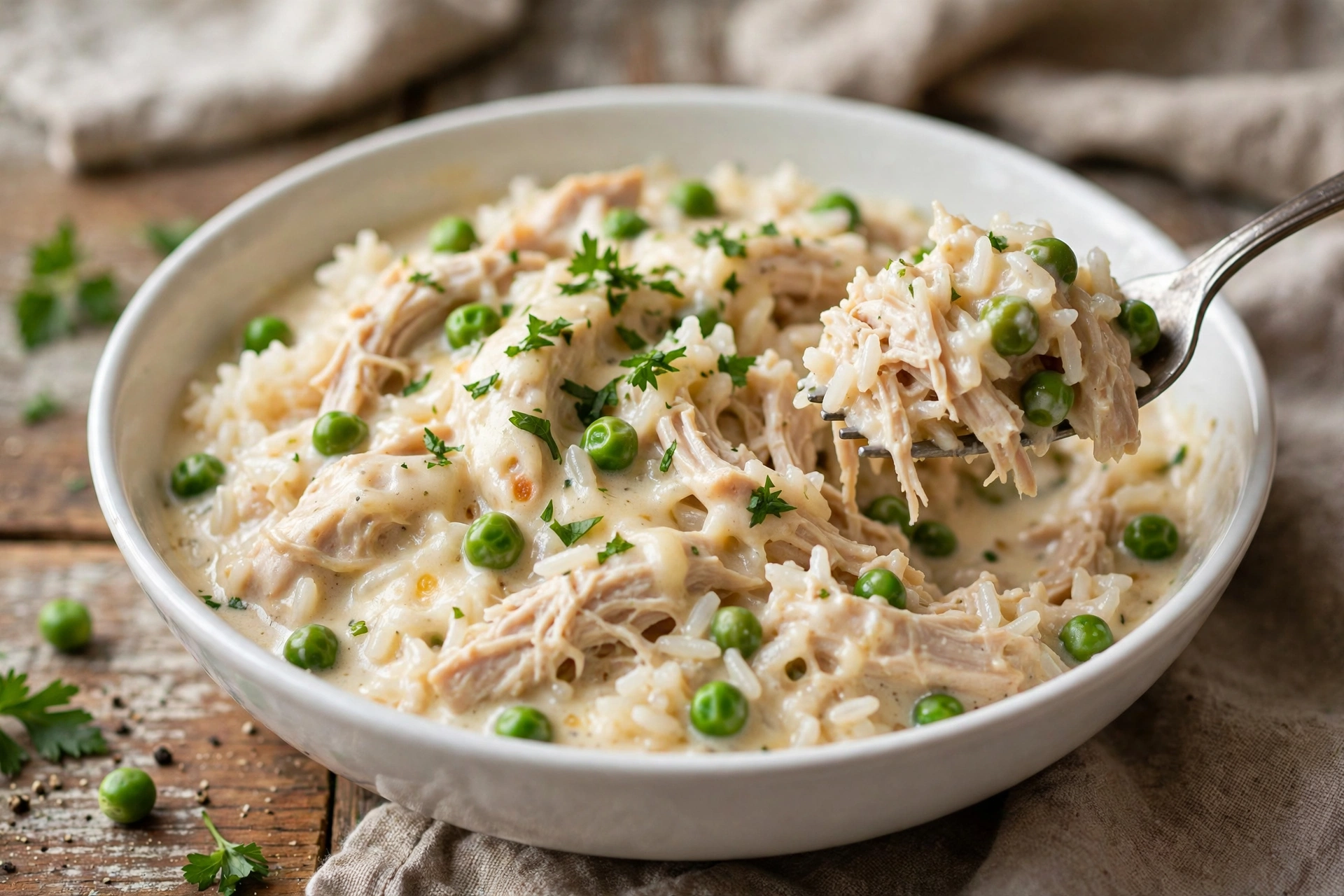 White bowl of creamy crockpot chicken and rice with green peas and parsley garnish