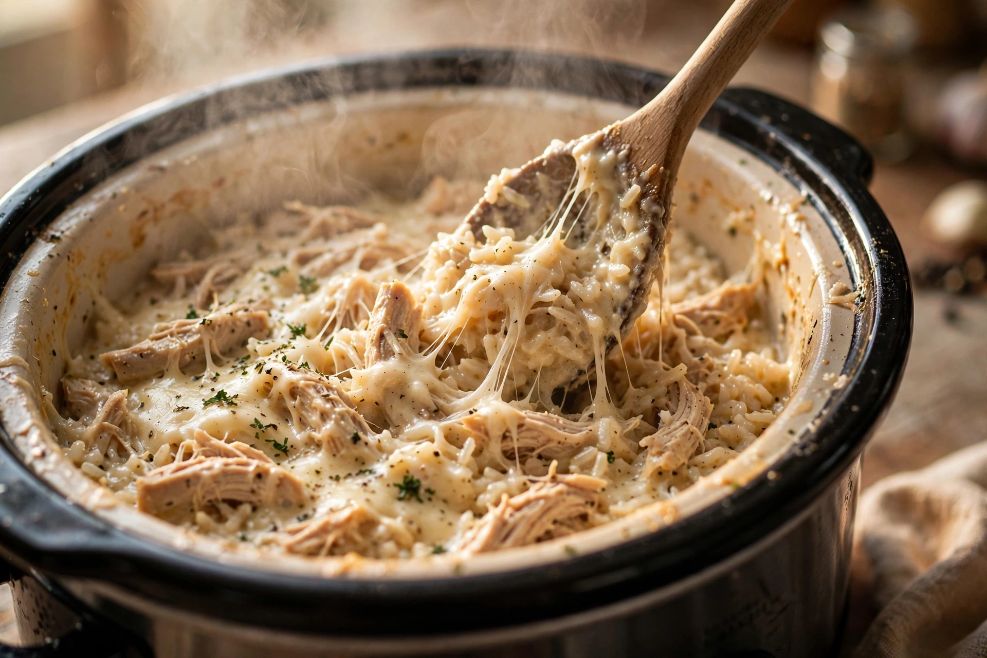 Creamy chicken and rice being stirred in a slow cooker with melted cheese strands