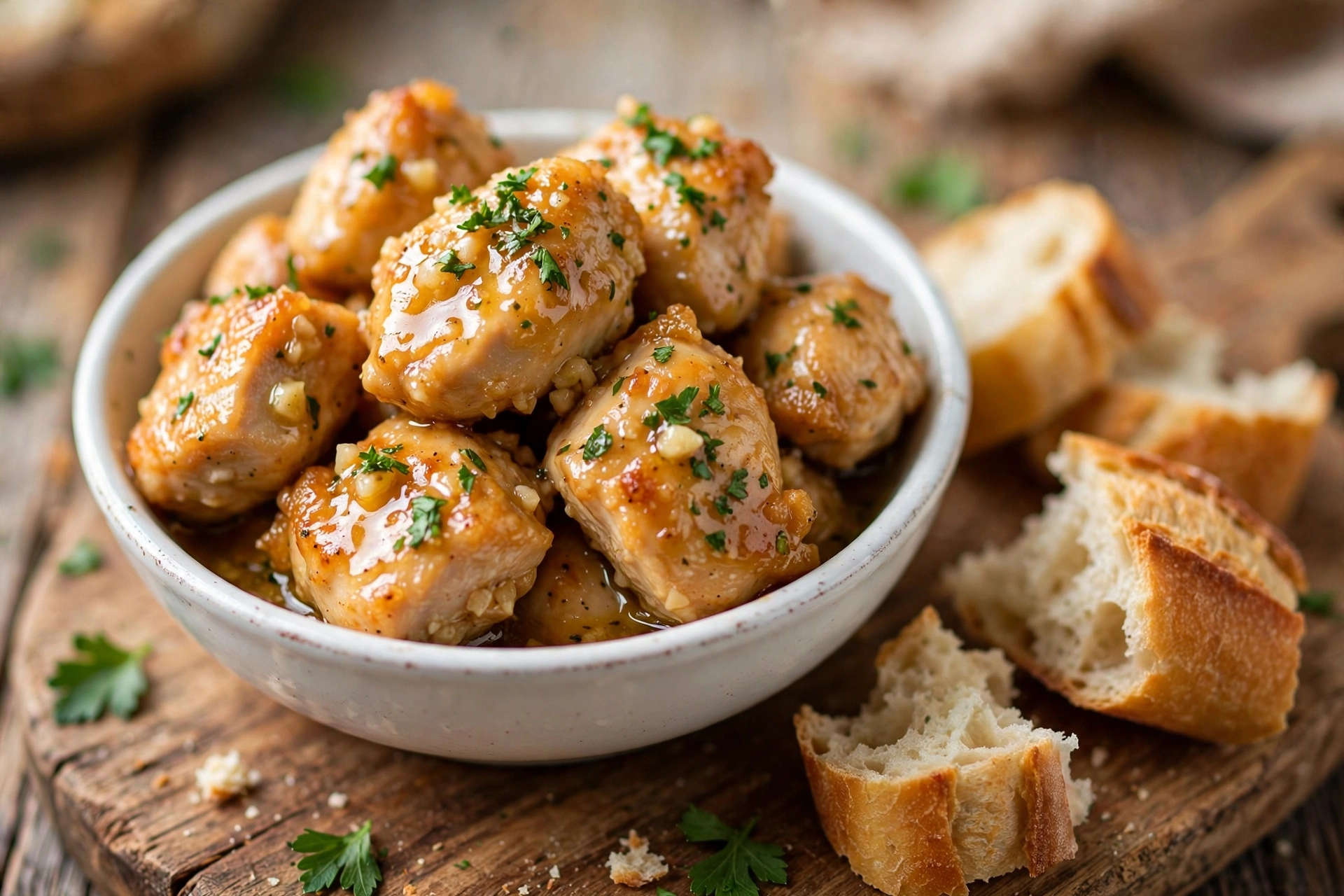 Bowl of garlic butter chicken bites with bread for dipping