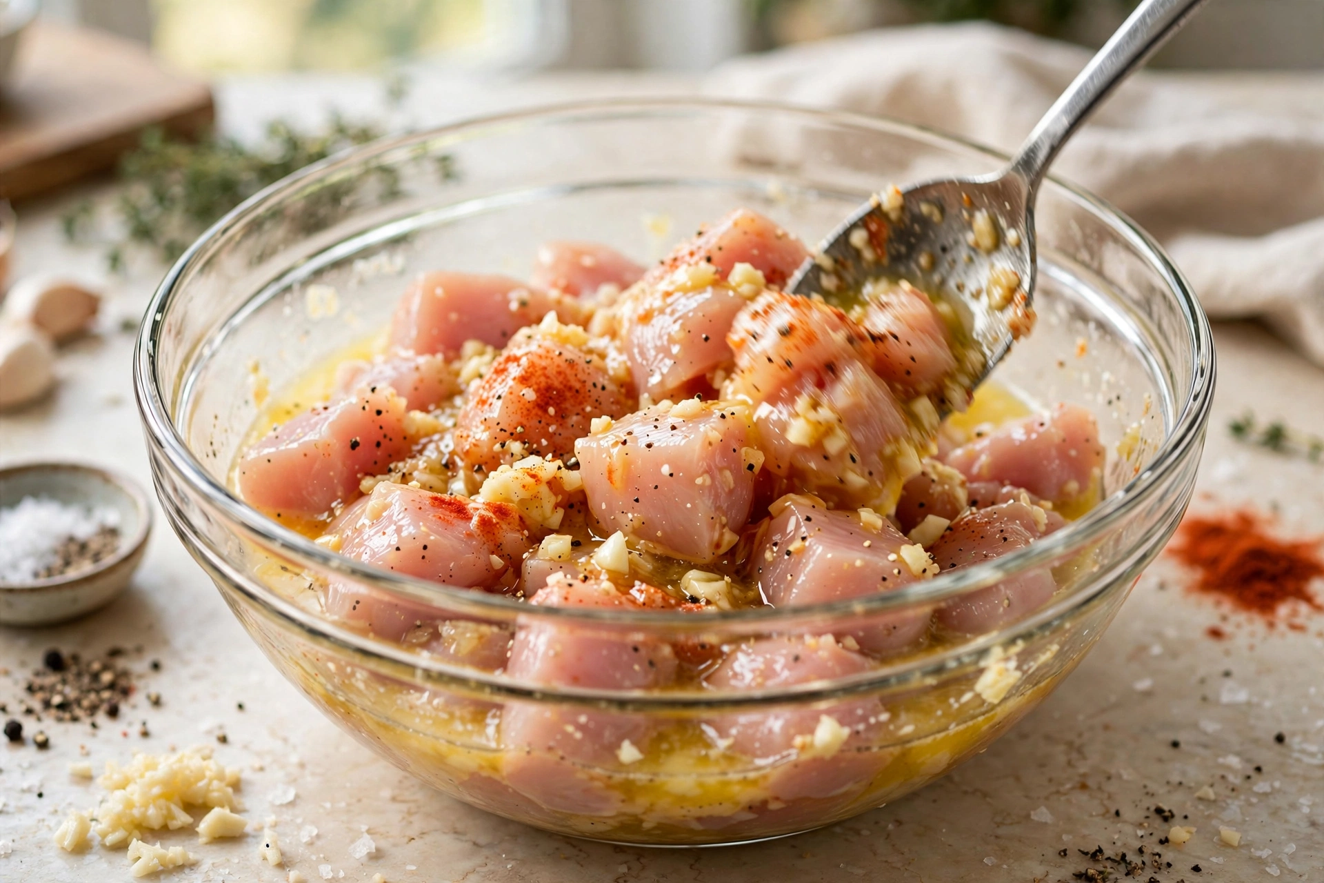 Raw chicken bites tossed with garlic butter seasoning before cooking