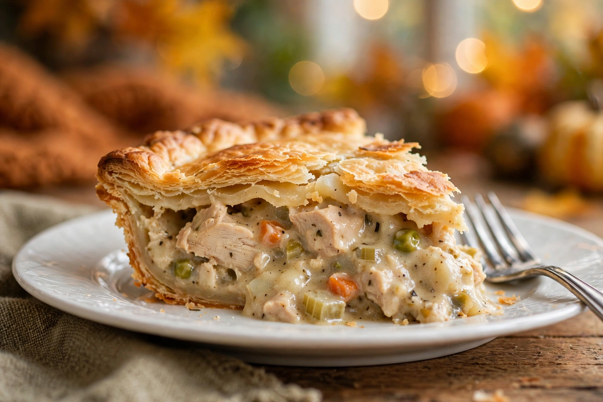 Slice of easy chicken pot pie on a white plate showing flaky crust layers and creamy chicken filling