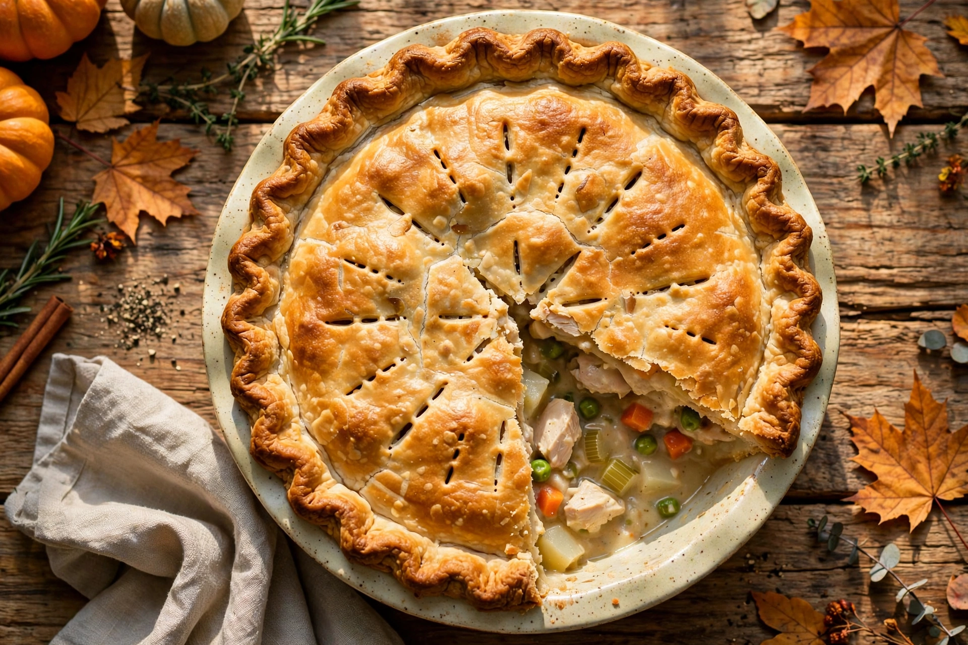 Golden-brown easy chicken pot pie in a ceramic dish with a slice cut showing creamy chicken and vegetable filling