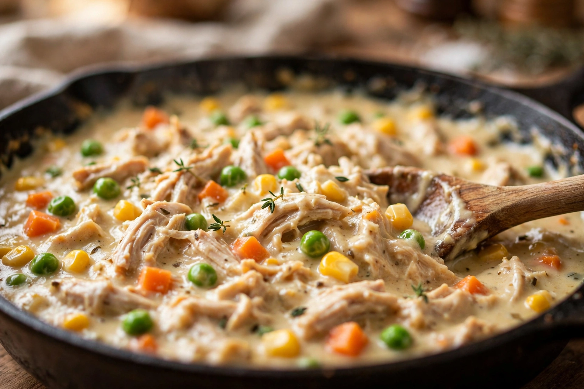 Creamy chicken pot pie filling with shredded chicken, peas, carrots and corn simmering in a skillet