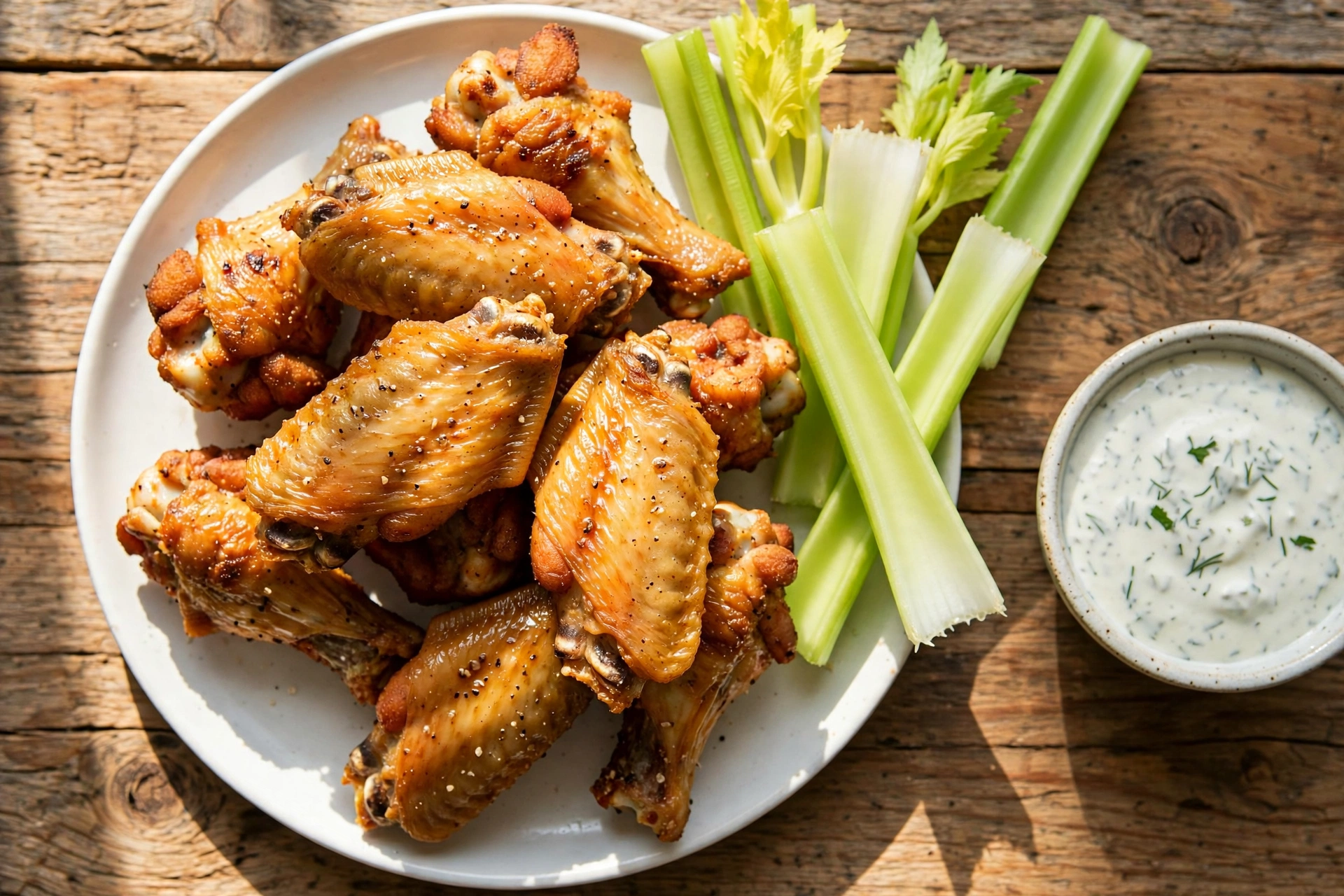 Crispy air fryer chicken wings with celery sticks and ranch dip