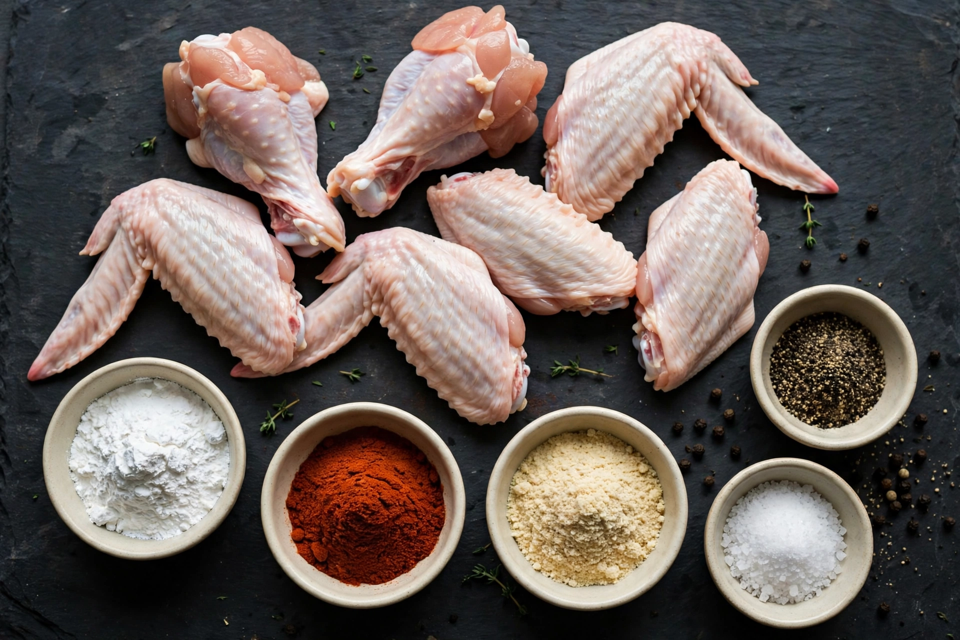 Raw chicken wings with baking powder and spices ingredients
