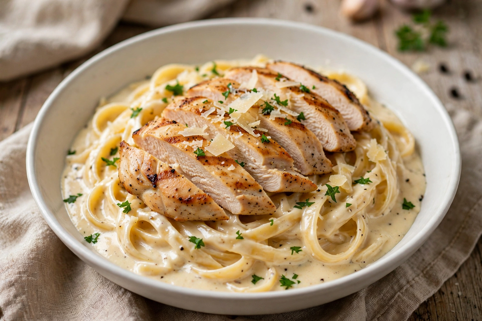 Creamy chicken alfredo fettuccine with grilled chicken