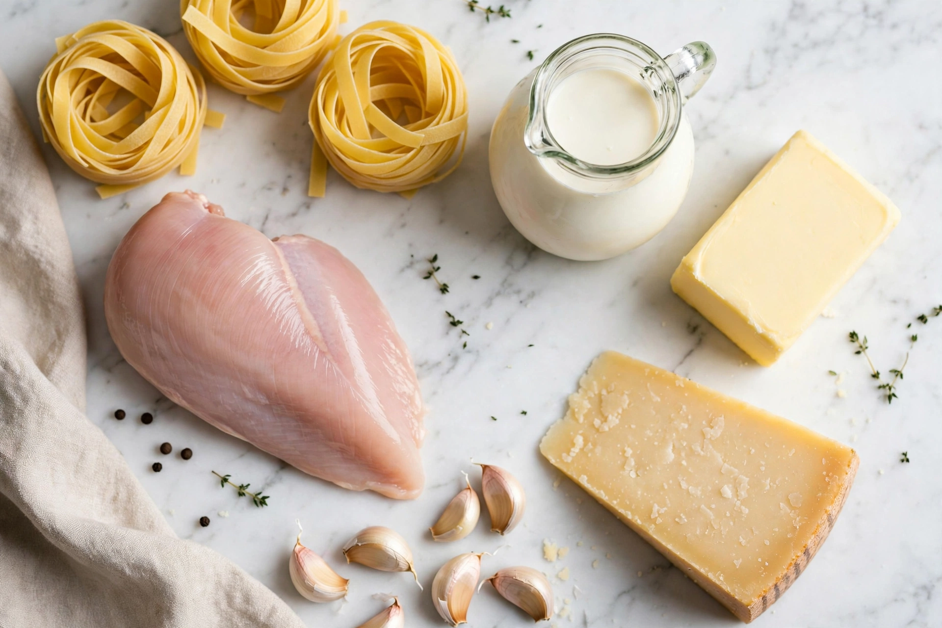 Chicken alfredo ingredients with fettuccine and parmesan