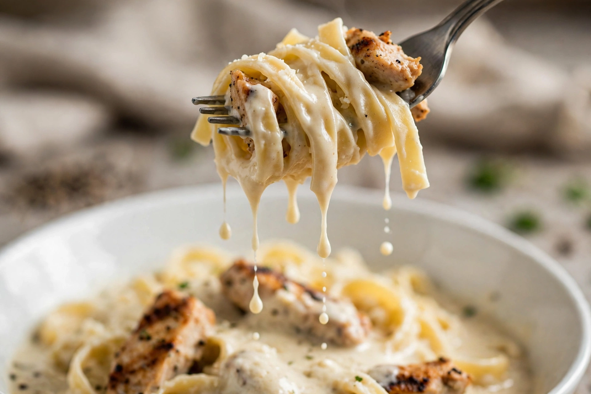 Fettuccine alfredo twirled on a fork
