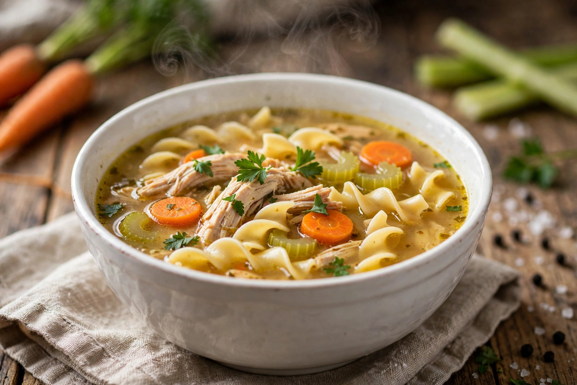 Classic chicken noodle soup with egg noodles and vegetables