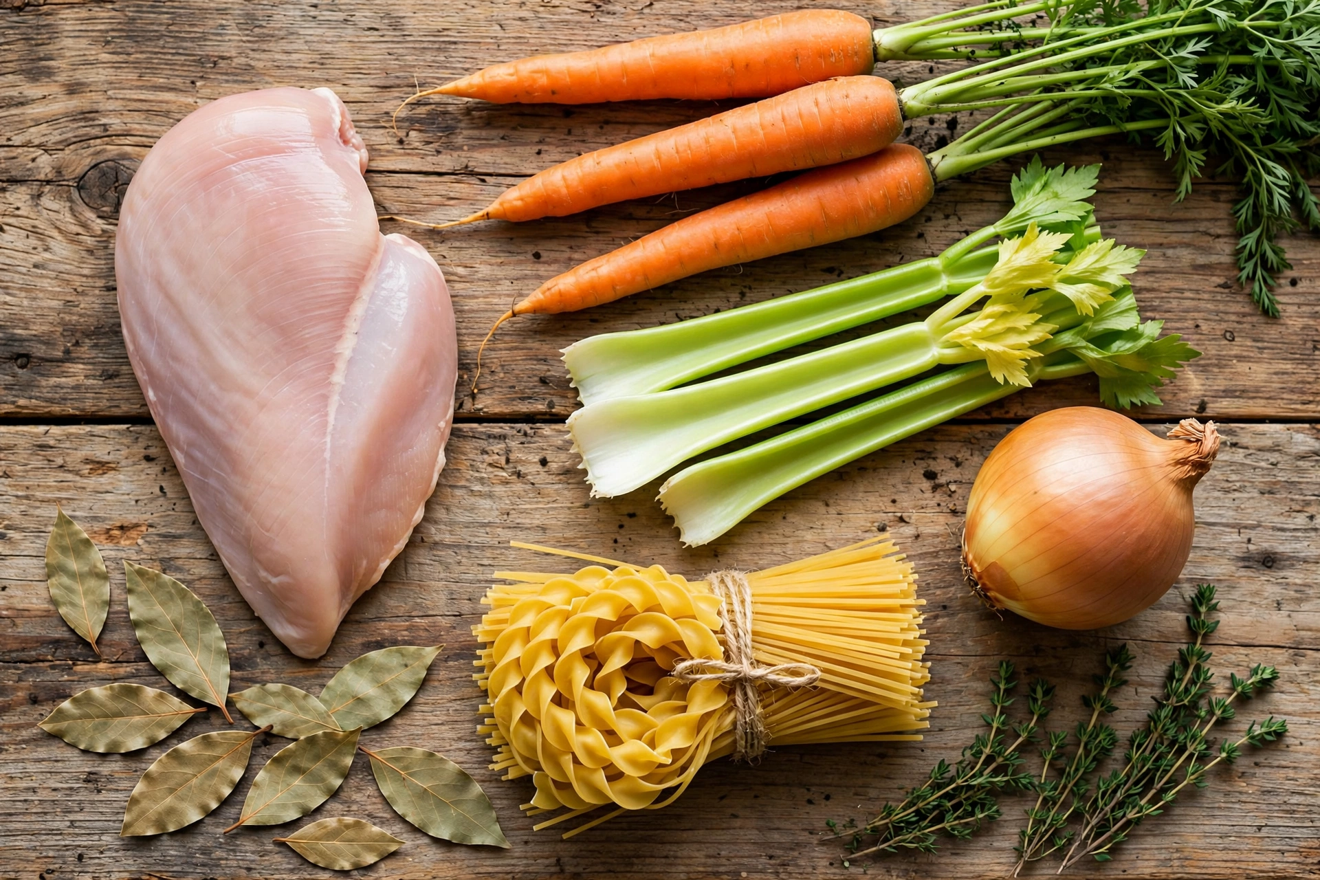 Chicken noodle soup ingredients on a rustic wooden table