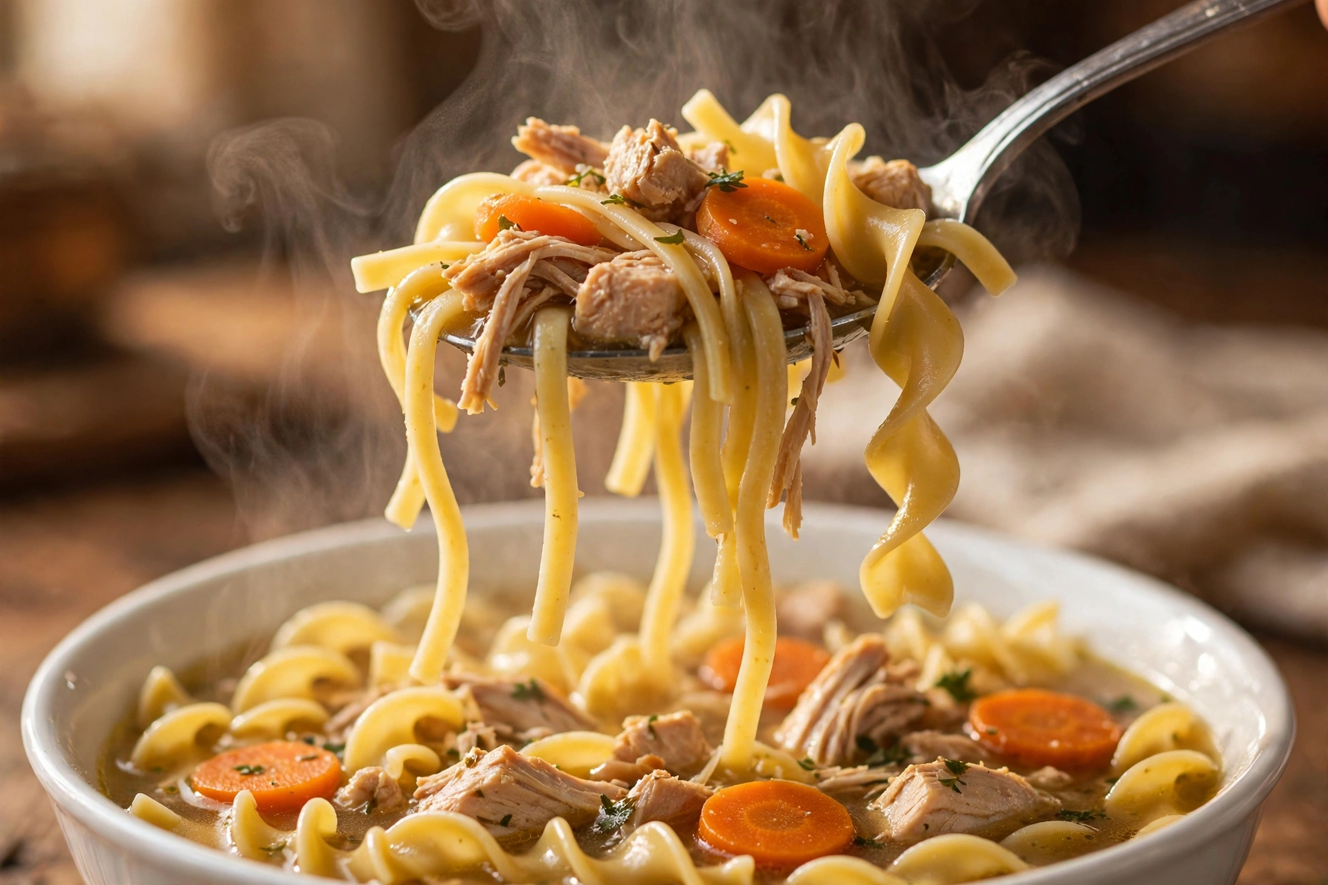 Spoon lifting chicken noodle soup from a white bowl