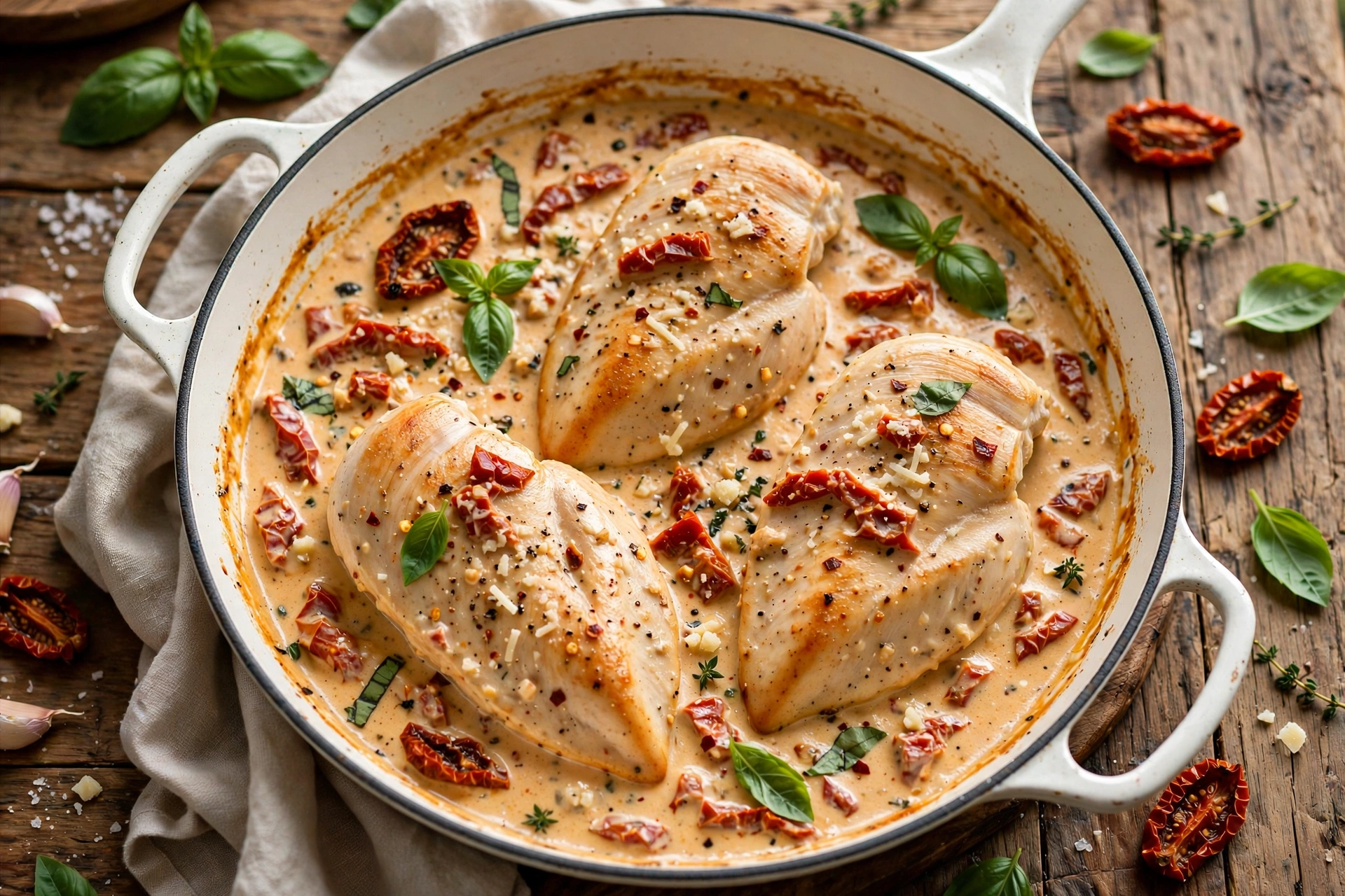 Creamy Tuscan marry me chicken in a white skillet