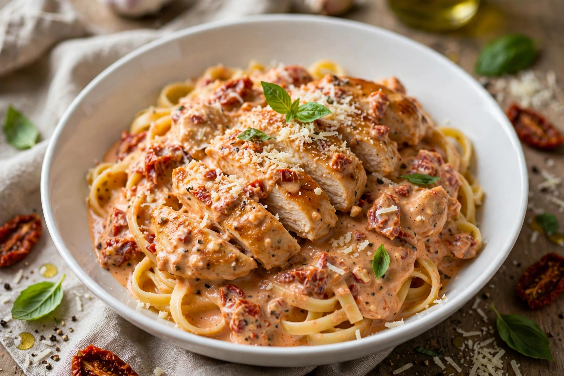 Marry me chicken served over fettuccine pasta