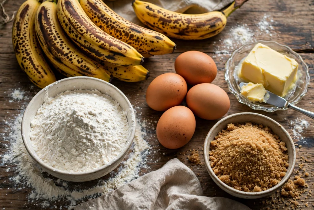 Ripe bananas, flour, eggs, butter and brown sugar ingredients