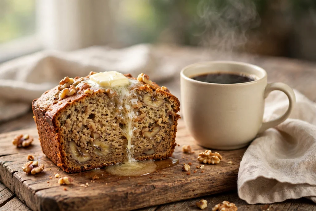 Slice of moist banana bread with melting butter