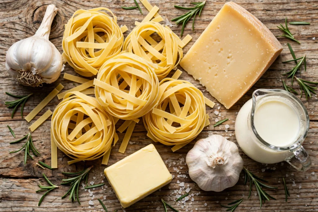 Fettuccine, garlic, parmesan, butter and cream ingredients
