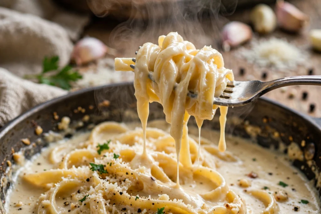 Creamy garlic parmesan pasta twirled on a fork