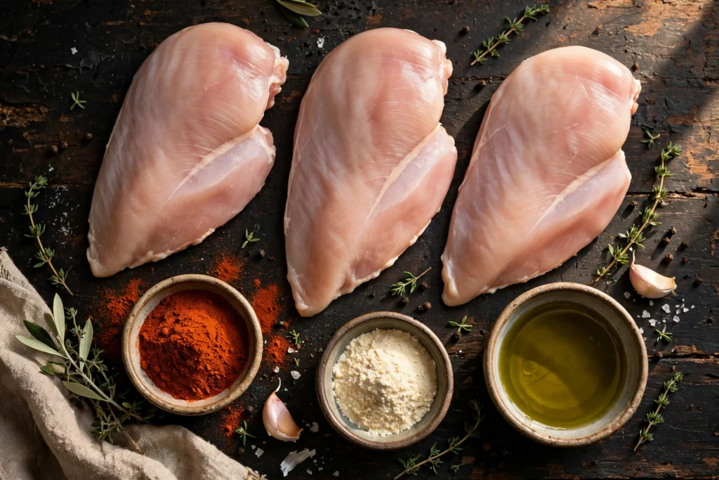 Raw chicken breasts with smoked paprika, garlic powder and olive oil
