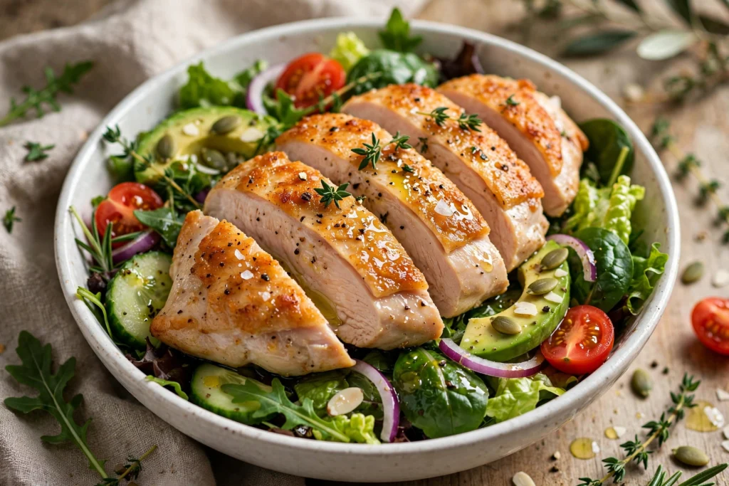 Sliced air fryer chicken breast over fresh green salad