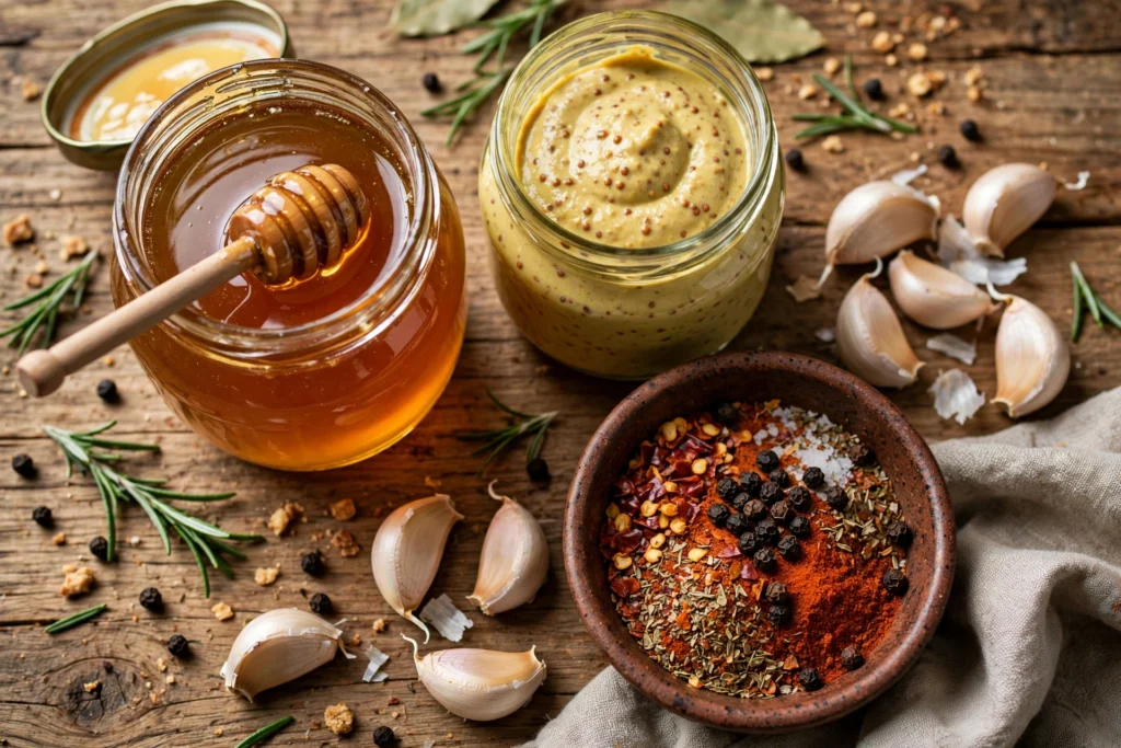 Honey, Dijon mustard, garlic and spices ingredients