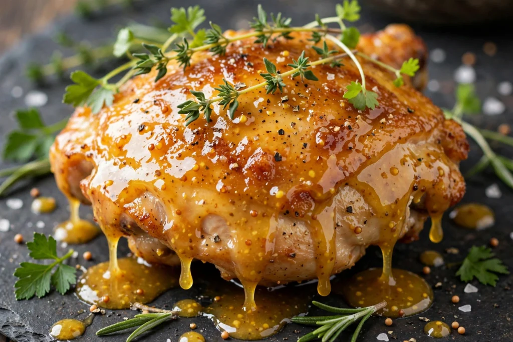 Glazed honey mustard chicken thigh with sticky golden sauce