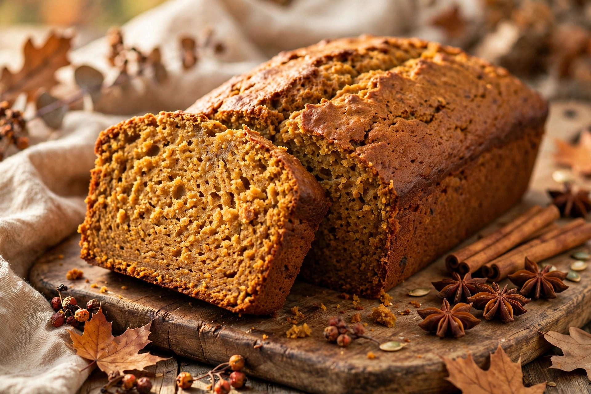 Sliced moist pumpkin bread loaf with cinnamon sticks