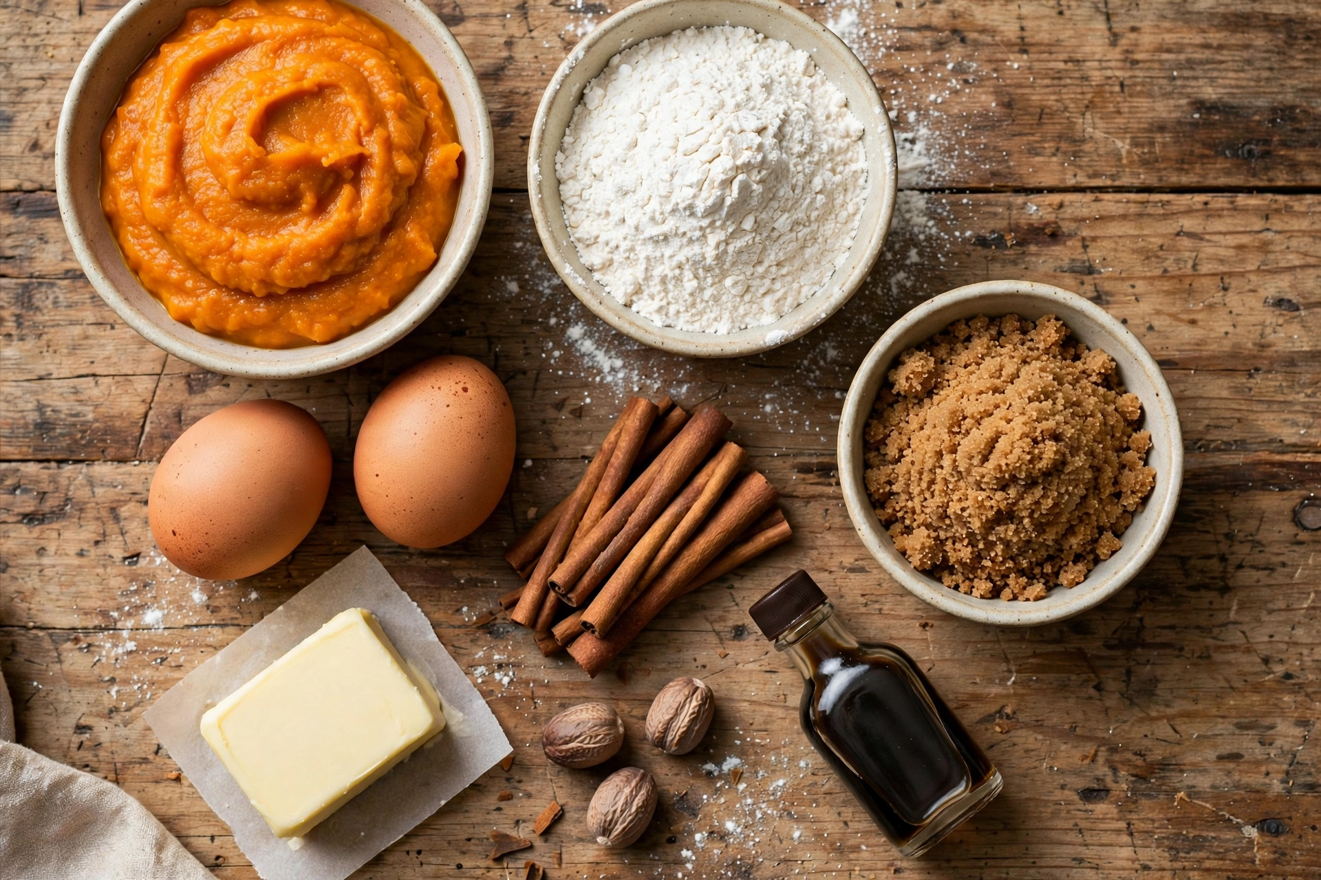 Pumpkin bread ingredients with pumpkin purée and spices