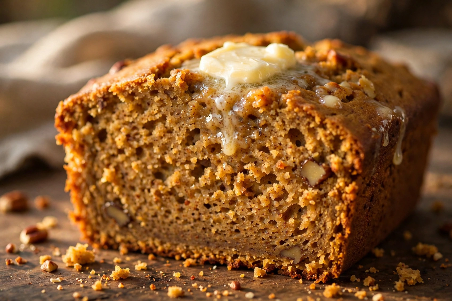 Slice of pumpkin bread with melting butter