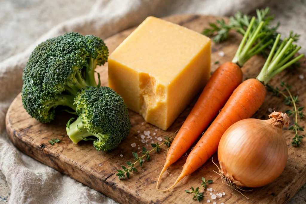 Fresh broccoli, cheddar cheese, carrots and onion ingredients