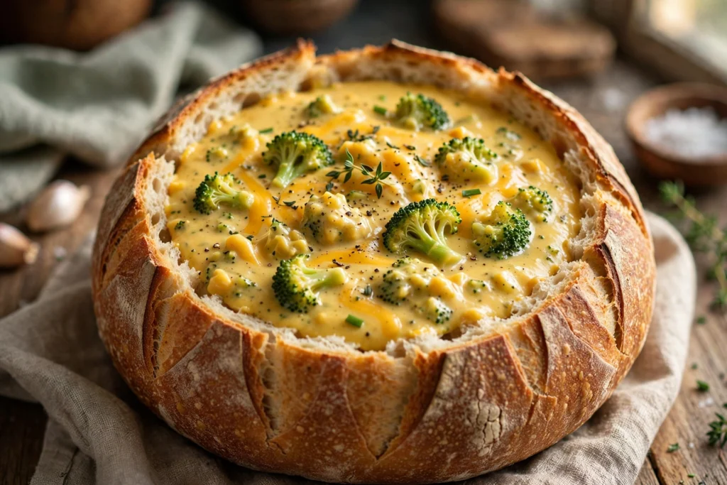 Broccoli cheddar soup served in a sourdough bread bowl