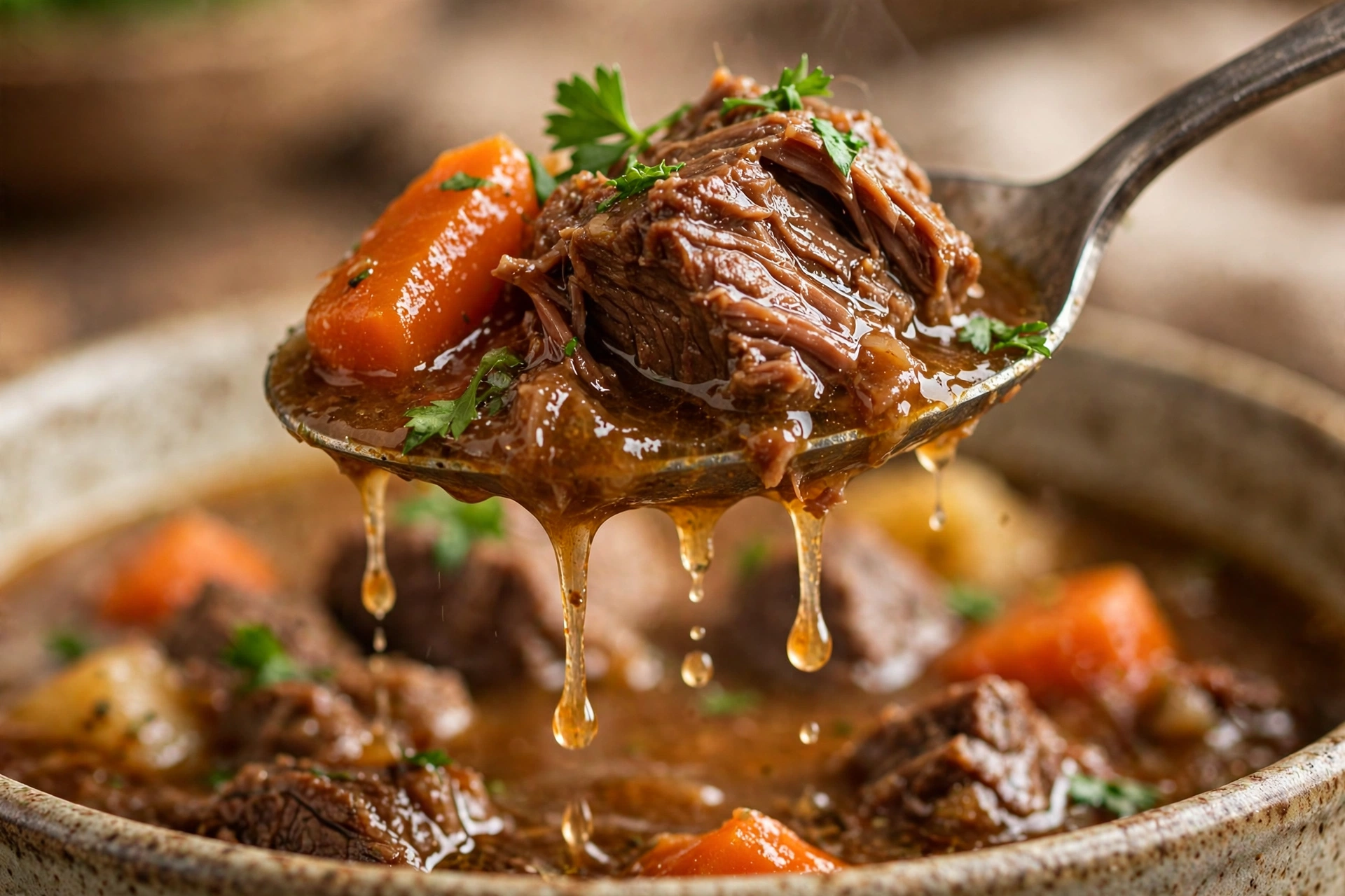 Spoonful of classic beef stew lifted from the bowl showing tender beef, carrot and glossy broth