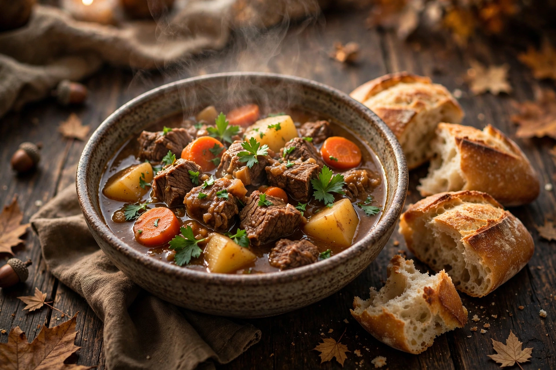 Rustic bowl of classic beef stew with tender beef chunks, carrots and potatoes in rich brown broth
