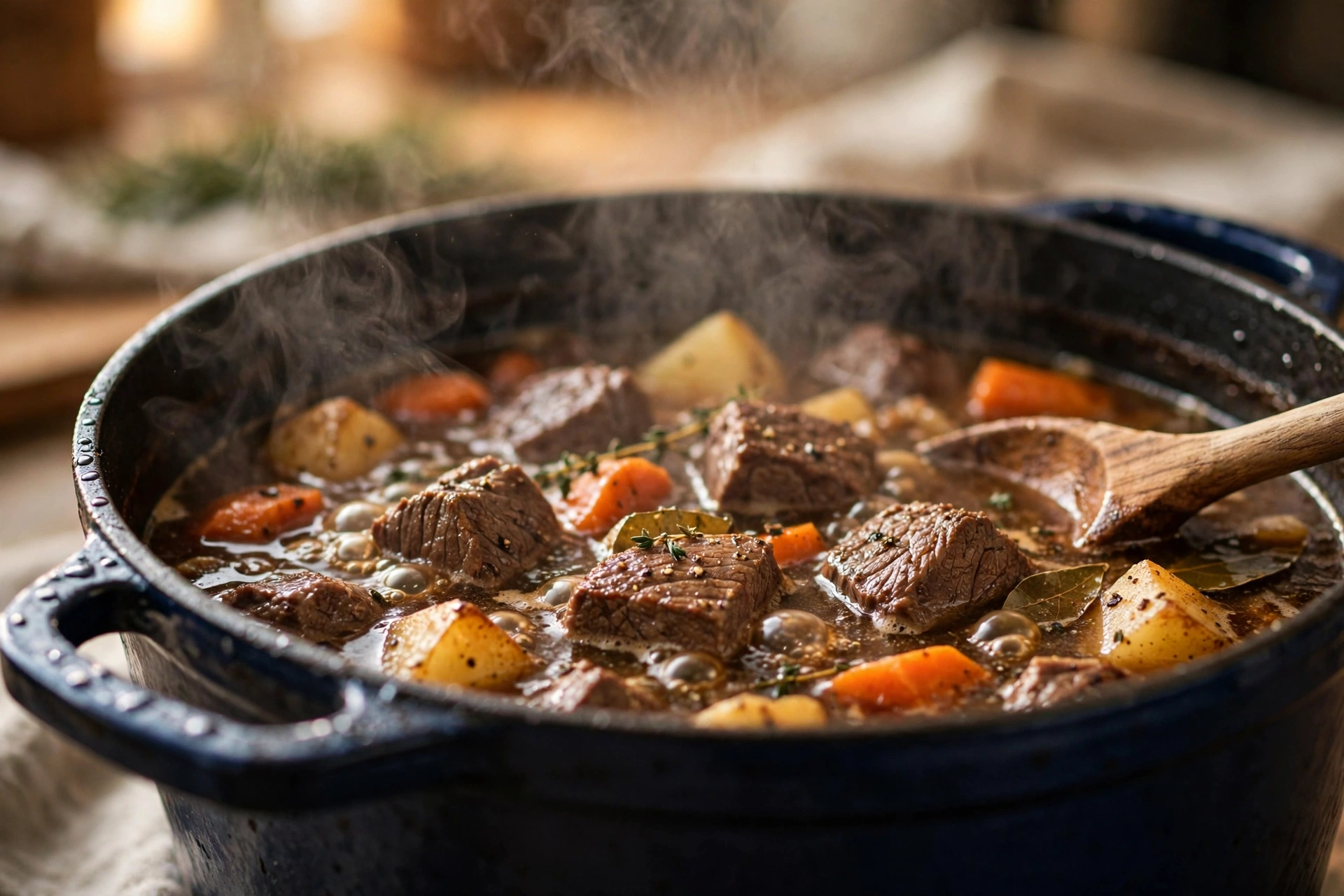 Beef stew simmering in a Dutch oven with browned beef cubes, carrots and potatoes in savory broth
