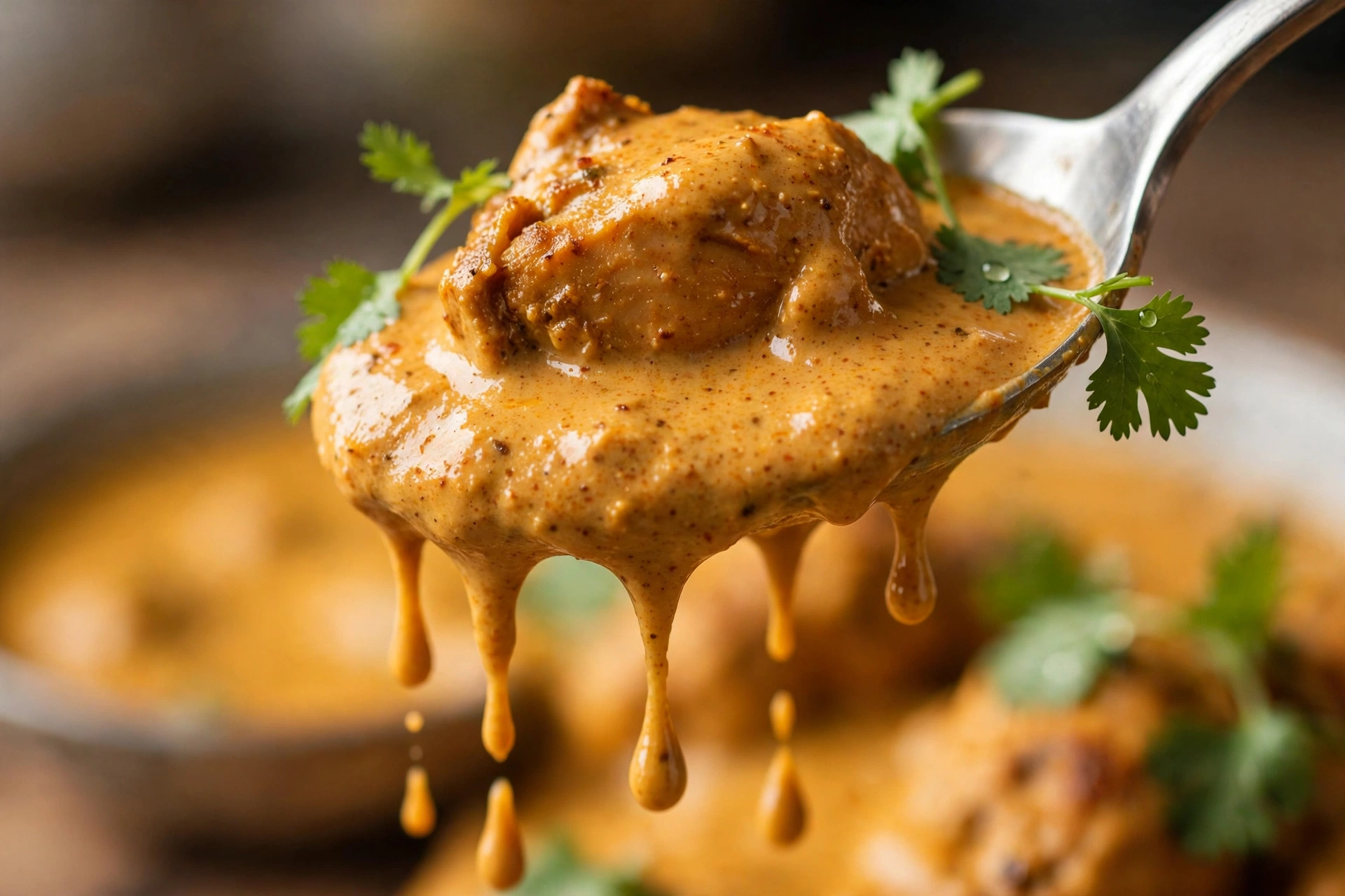 Spoon lifting creamy chicken tikka masala sauce with a tender piece of chicken