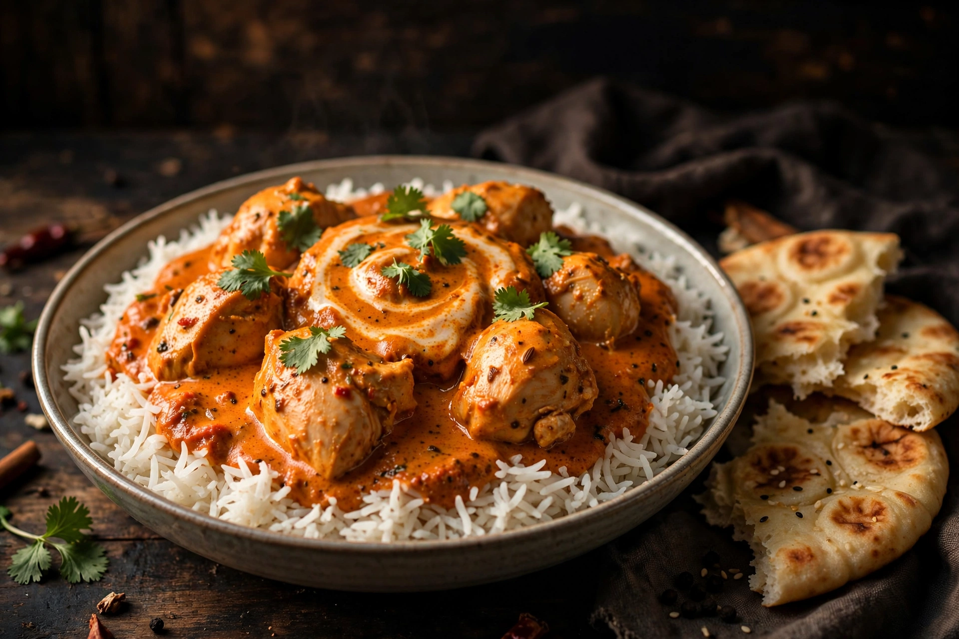 Bowl of slow cooker chicken tikka masala over fluffy basmati rice with naan bread on the side