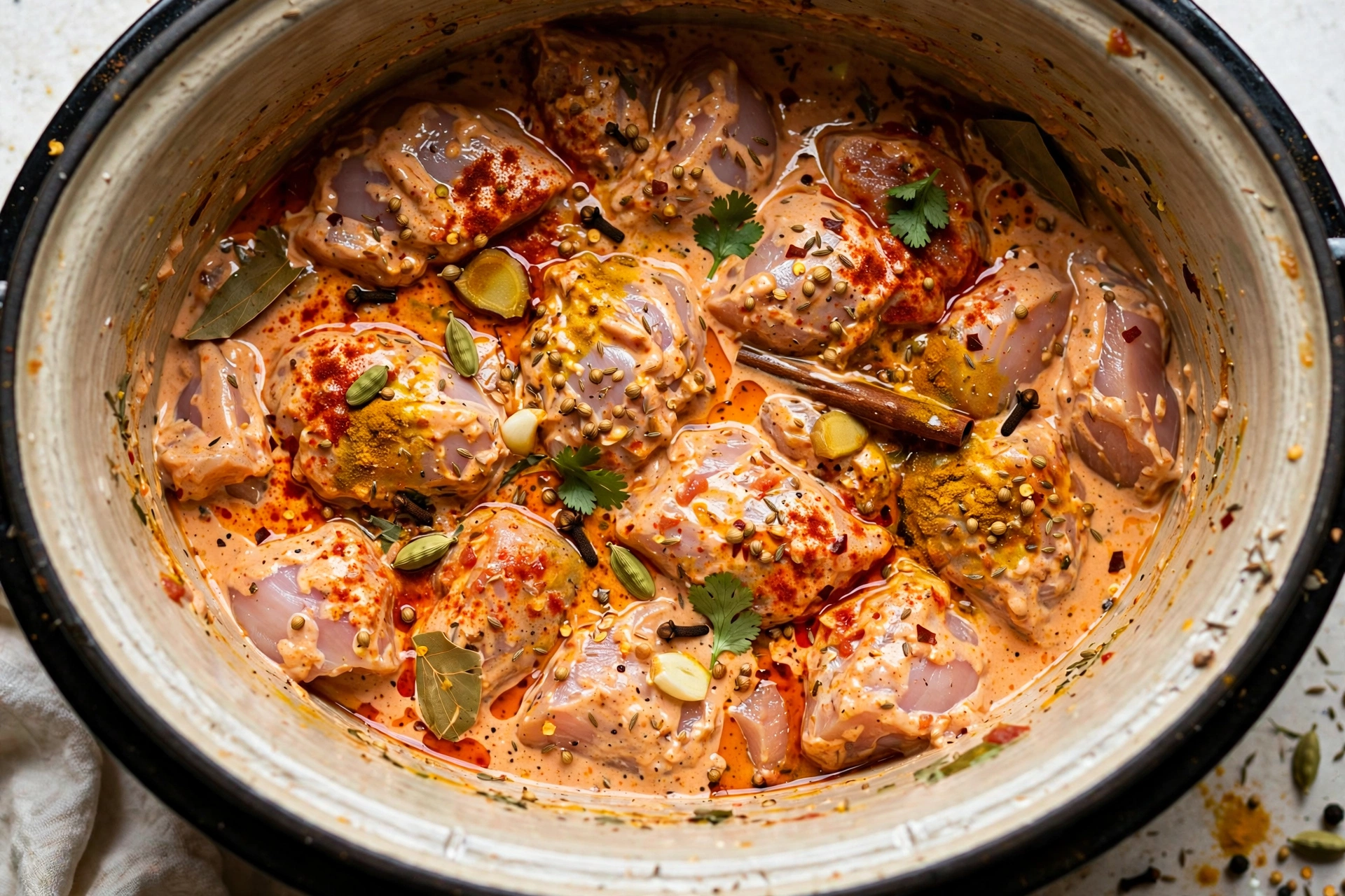 Raw chicken pieces coated in spiced tomato yogurt sauce inside a slow cooker before cooking