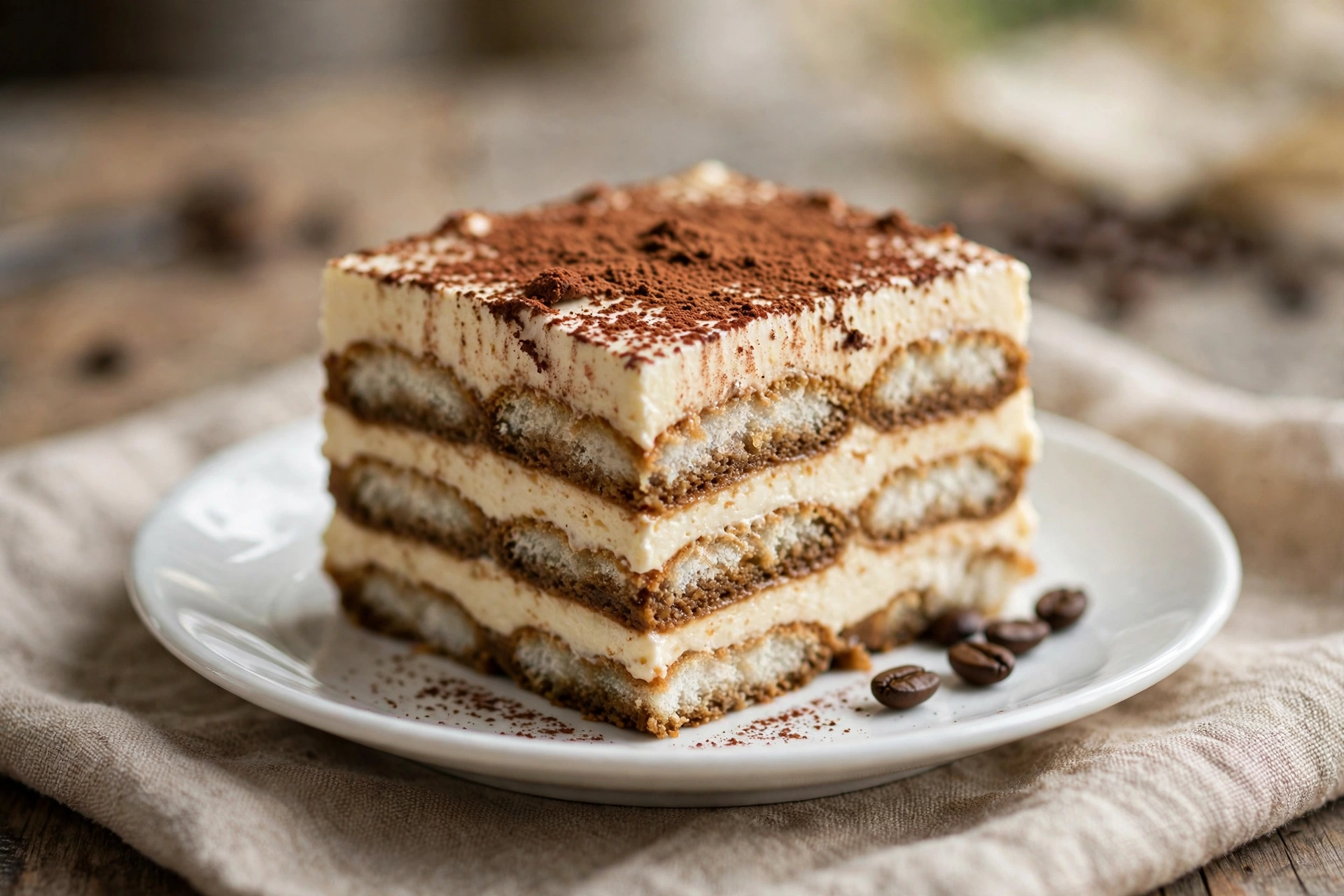 Slice of classic tiramisu showing coffee and mascarpone layers