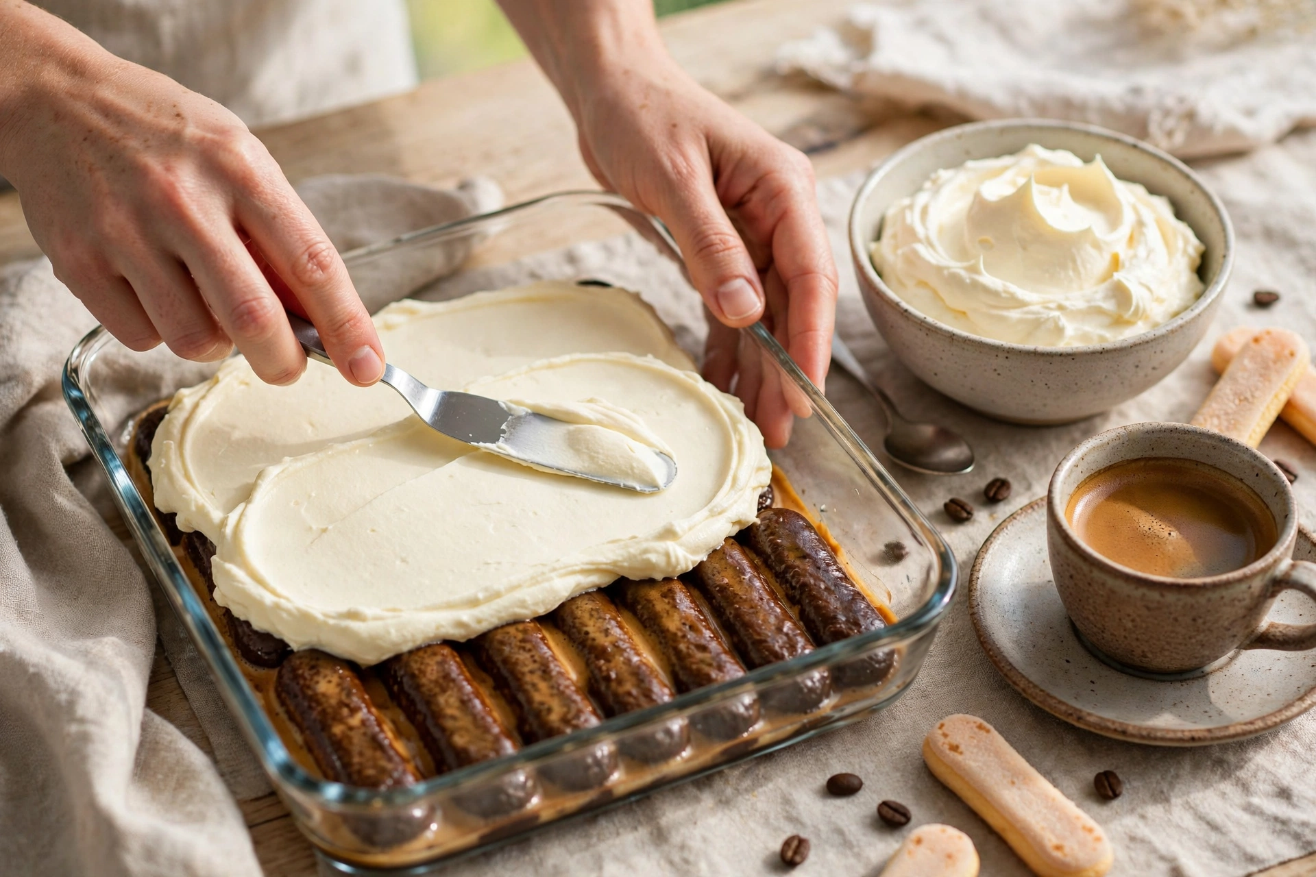 Spreading mascarpone cream over espresso-soaked ladyfingers for tiramisu