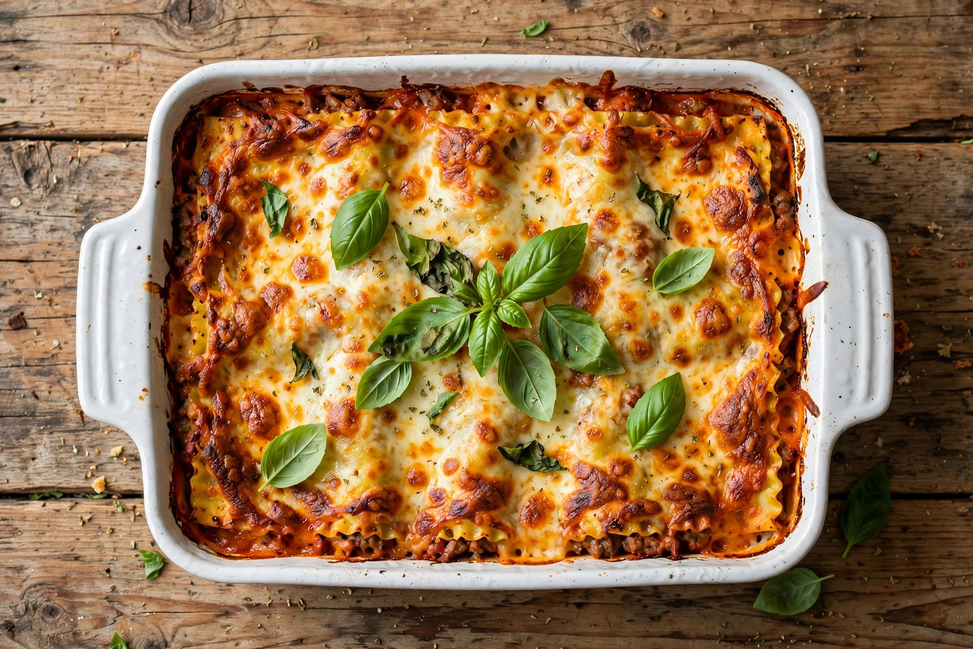 Easy homemade lasagna in a white baking dish with golden melted mozzarella and fresh basil