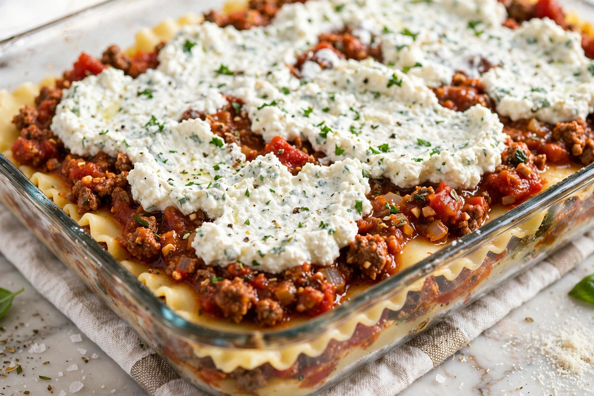 Layering the ricotta mixture over meat sauce for easy homemade lasagna